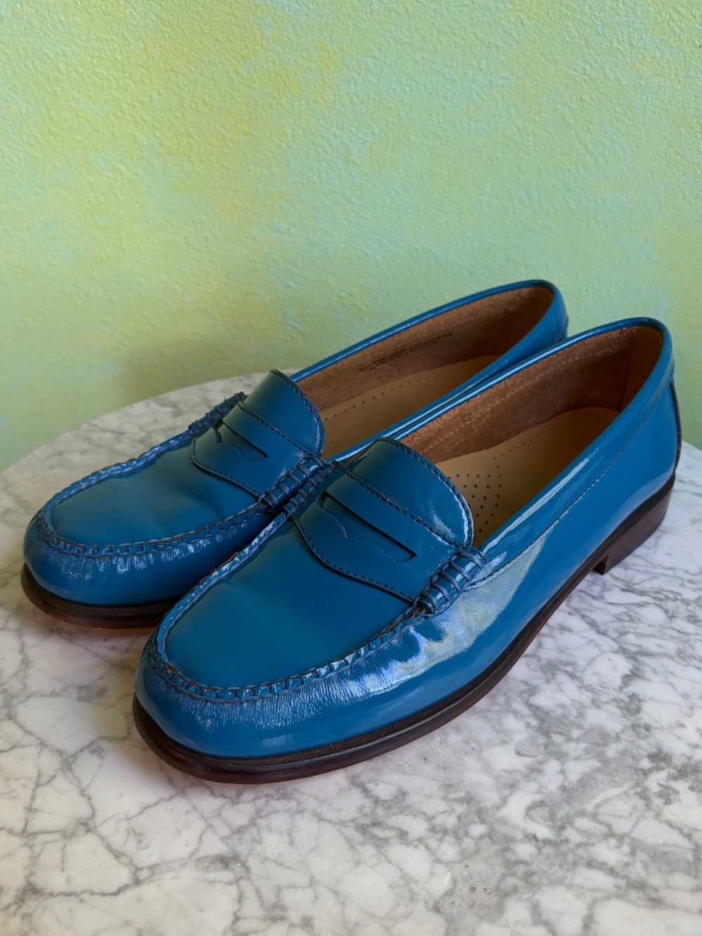 Cerulean Blue Patent Leather Bass Weejuns Penny Loafers, Size 8M